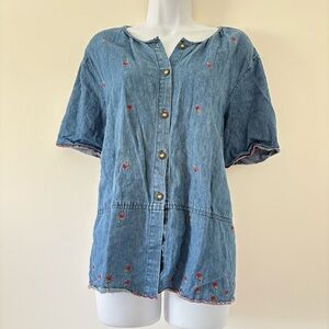 Embroidered Denim Button-Up Top